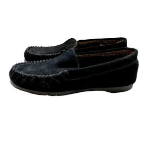 Lands End Moccasin Slippers Suede Leather Womens 6B Black Plush Faux Fur Lining